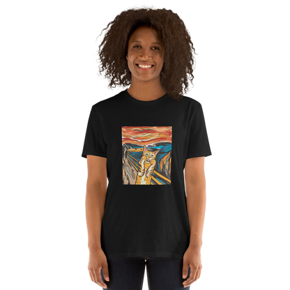 Smiling woman wearing a Black Screaming Cat T-Shirt showcasing iconic The Screaming Cat graphic on the chest - Funny Graphic Cat T-Shirts - Boozy Fox