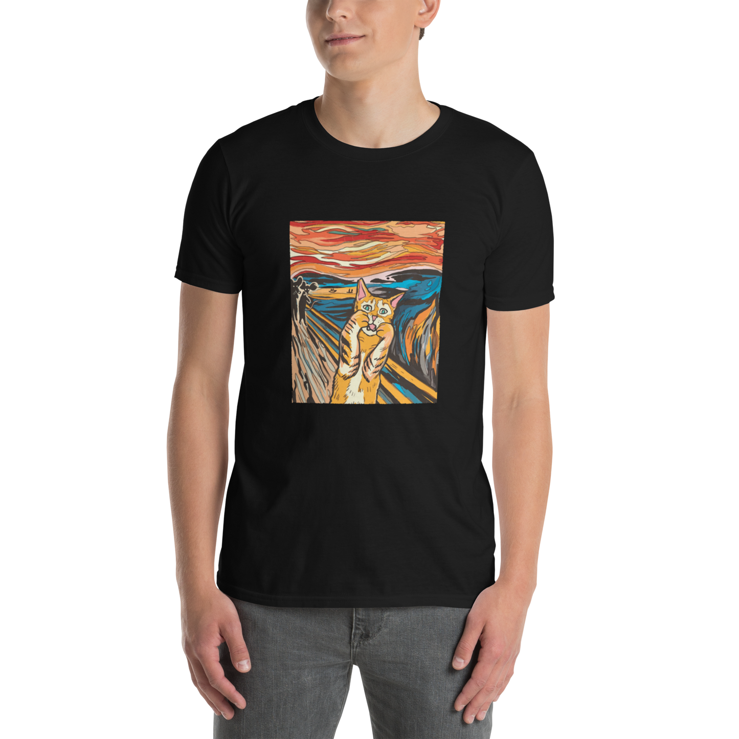 Man wearing a Black Screaming Cat T-Shirt showcasing iconic The Screaming Cat graphic on the chest - Funny Graphic Cat T-Shirts - Boozy Fox