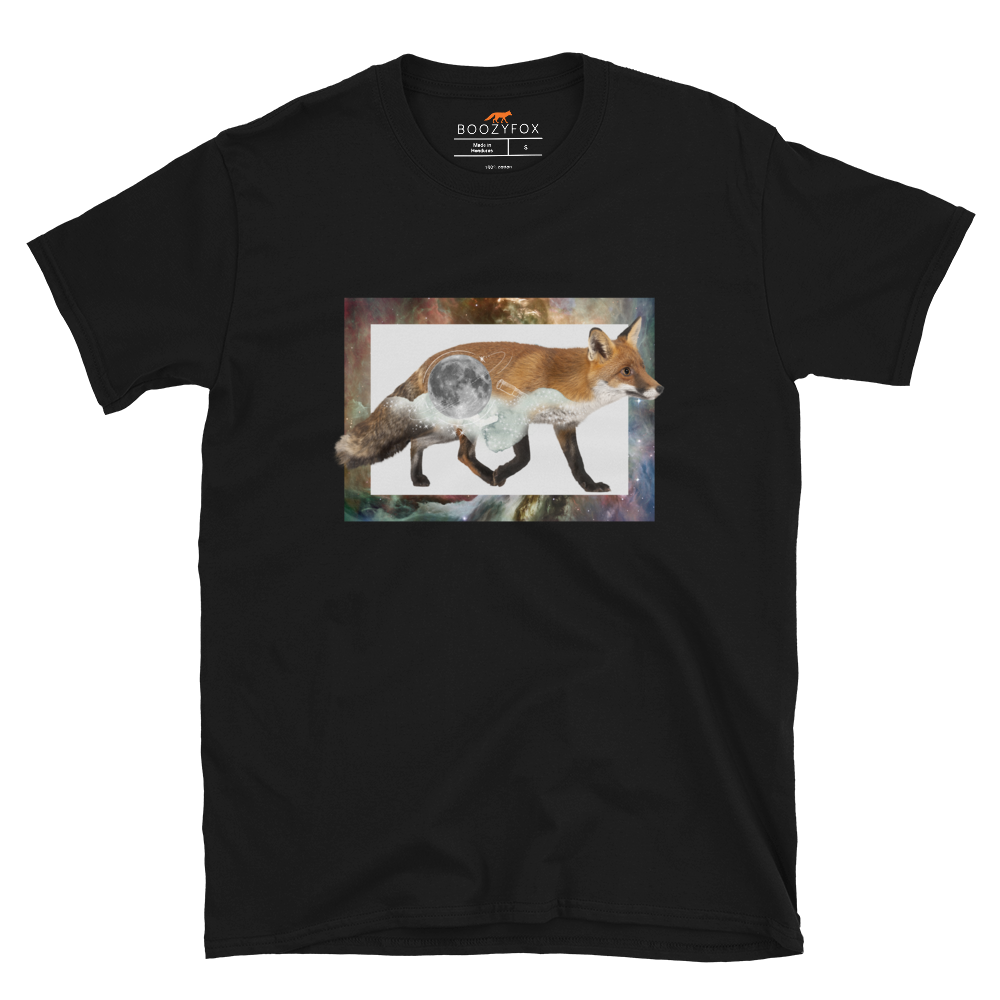 Black Fox T-Shirt featuring a captivating Space Fox graphic on the chest - Cool Graphic Fox T-Shirts - Boozy Fox