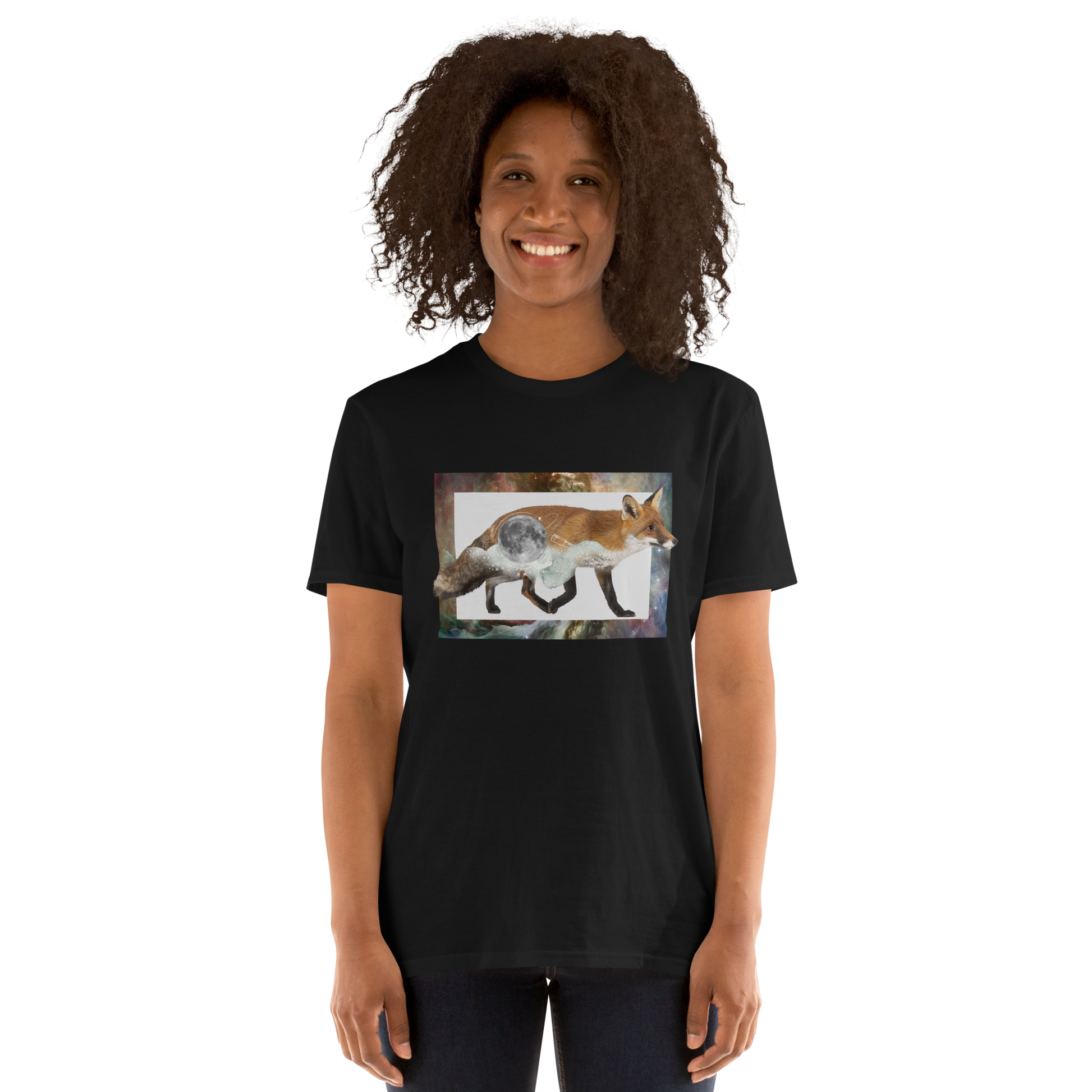 Smiling woman wearing a Black Fox T-Shirt featuring a captivating Space Fox graphic on the chest - Cool Graphic Fox T-Shirts - Boozy Fox