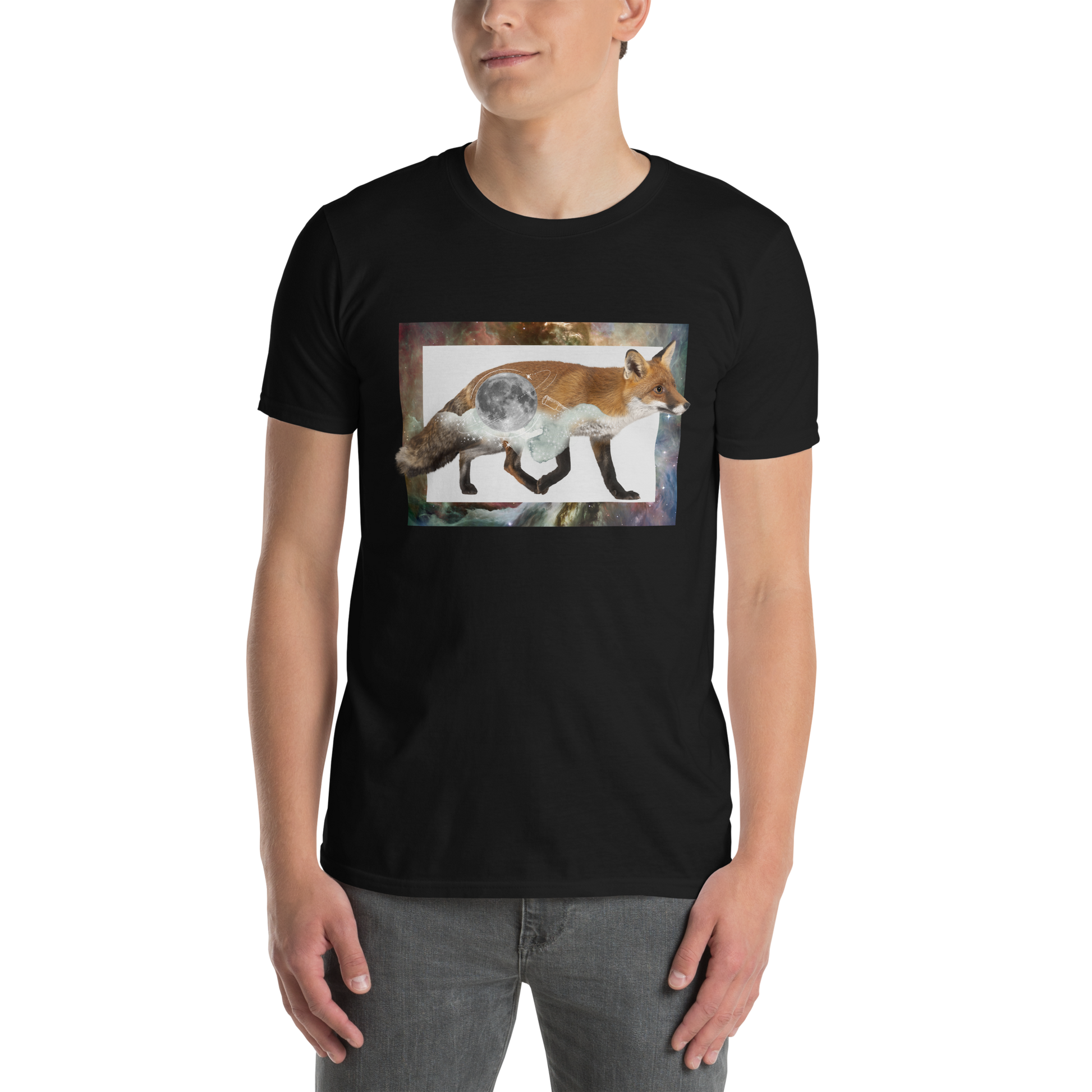 Man wearing a Black Fox T-Shirt featuring a captivating Space Fox graphic on the chest - Cool Graphic Fox T-Shirts - Boozy Fox