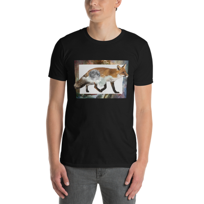 Man wearing a Black Fox T-Shirt featuring a captivating Space Fox graphic on the chest - Cool Graphic Fox T-Shirts - Boozy Fox