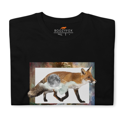 Front details of a Black Fox T-Shirt featuring a captivating Space Fox graphic on the chest - Cool Graphic Fox T-Shirts - Boozy Fox