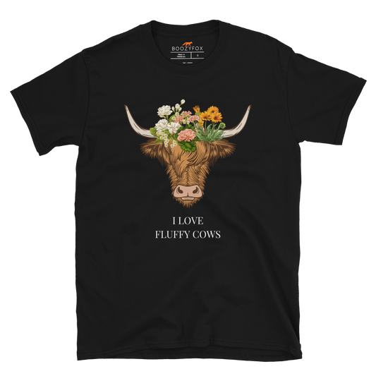 Black Highland Cow T-Shirt featuring an adorable I Love Fluffy Cows graphic on the chest - Cute Graphic Highland Cow T-Shirts - Boozy Fox
