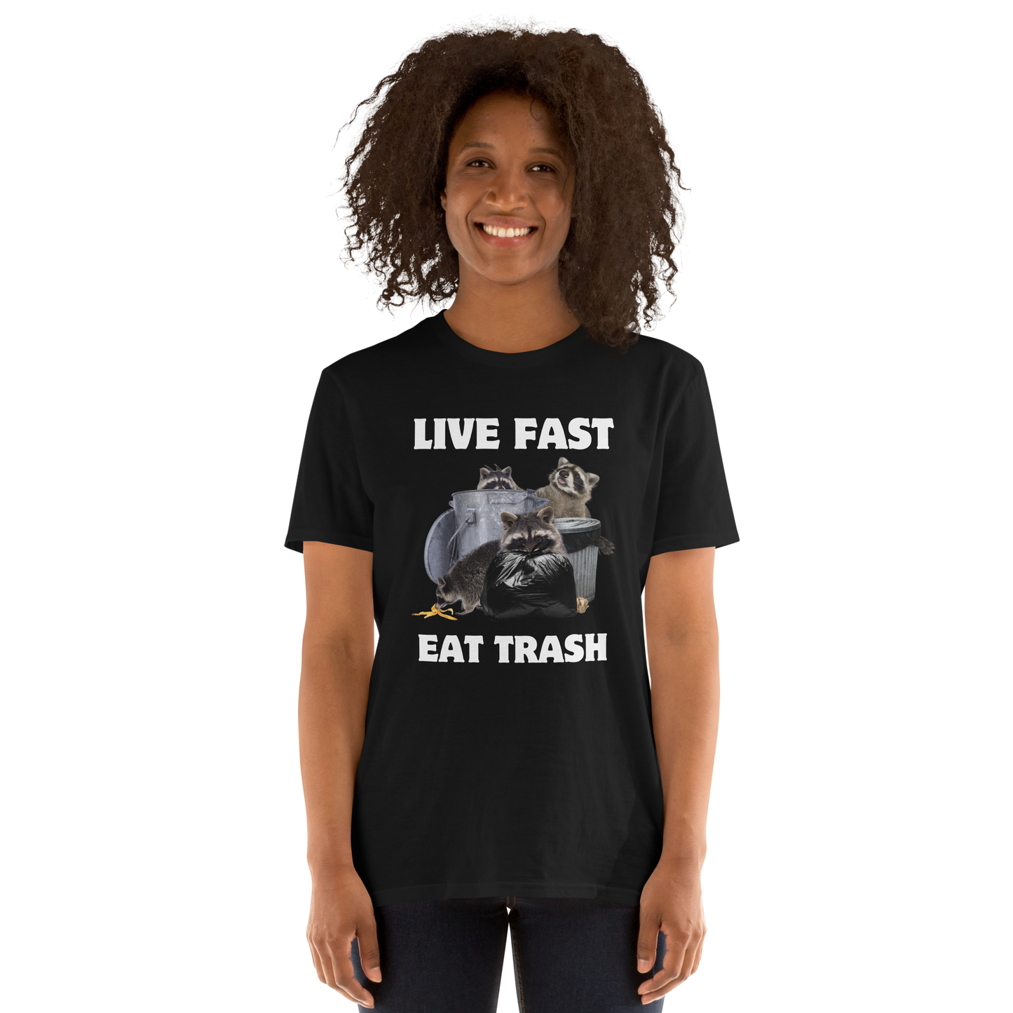 Smiling woman wearing a Black Raccoon T-Shirt featuring a hilarious Live Fast Eat Trash graphic on the chest - Funny Graphic Raccoon T-shirts - Boozy Fox