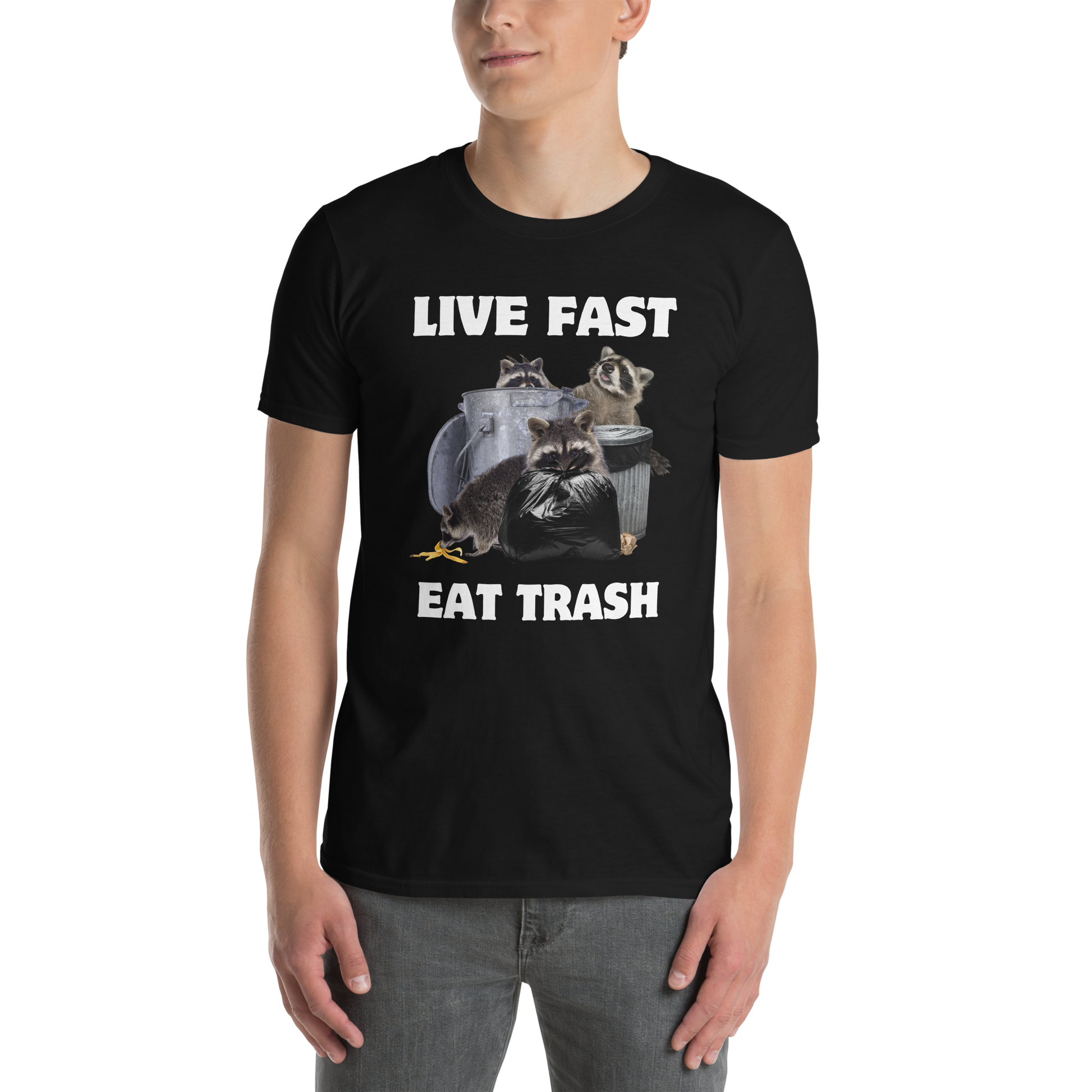 Man wearing a Black Raccoon T-Shirt featuring a hilarious Live Fast Eat Trash graphic on the chest - Funny Graphic Raccoon T-shirts - Boozy Fox
