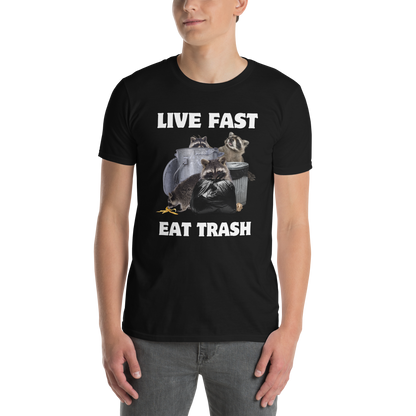 Man wearing a Black Raccoon T-Shirt featuring a hilarious Live Fast Eat Trash graphic on the chest - Funny Graphic Raccoon T-shirts - Boozy Fox