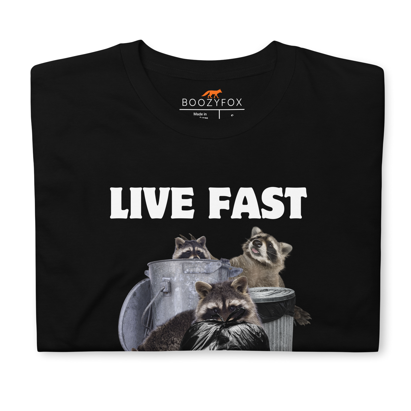 Front details of a Black Raccoon T-Shirt featuring a hilarious Live Fast Eat Trash graphic on the chest - Funny Graphic Raccoon T-shirts - Boozy Fox