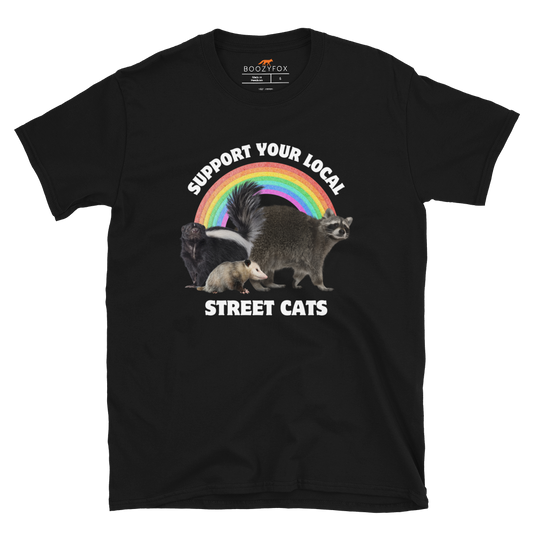 Black Street Cats T-Shirt featuring a hilarious 'Support Your Local Street Cats' graphic on the chest - Funny Graphic Animal T-shirts - Boozy Fox