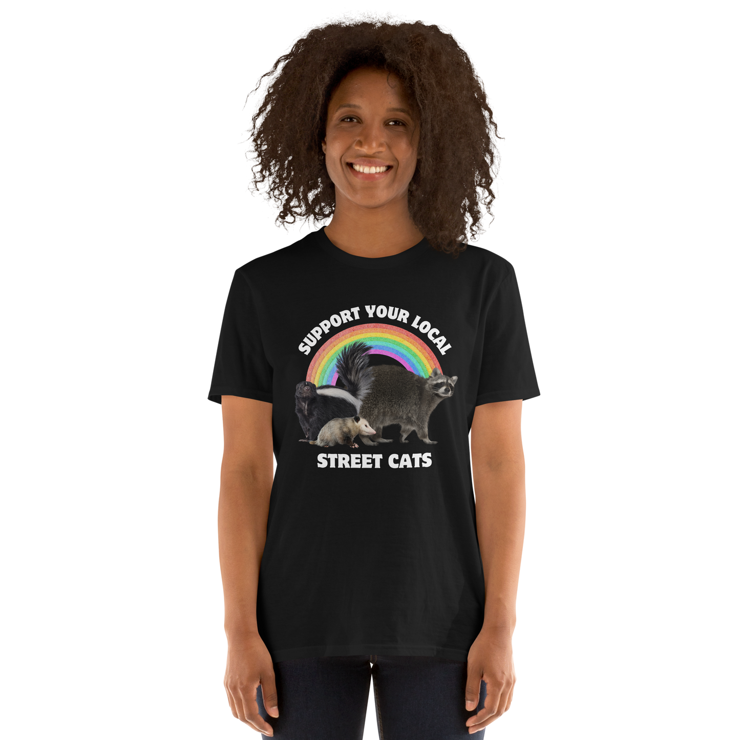 Smiling woman wearing a Black Support Your Local Street Cats T-Shirt - Boozy Fox