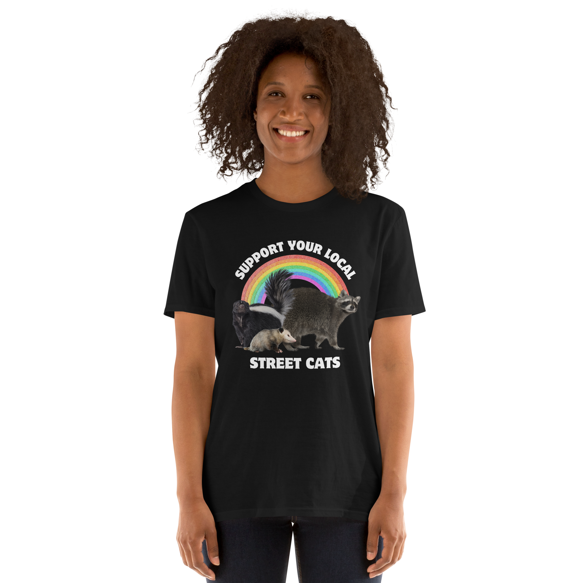 Smiling woman wearing a Black Support Your Local Street Cats T-Shirt - Boozy Fox