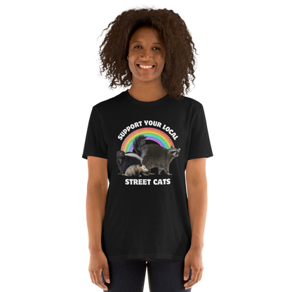 Smiling woman wearing a Black Support Your Local Street Cats T-Shirt - Boozy Fox