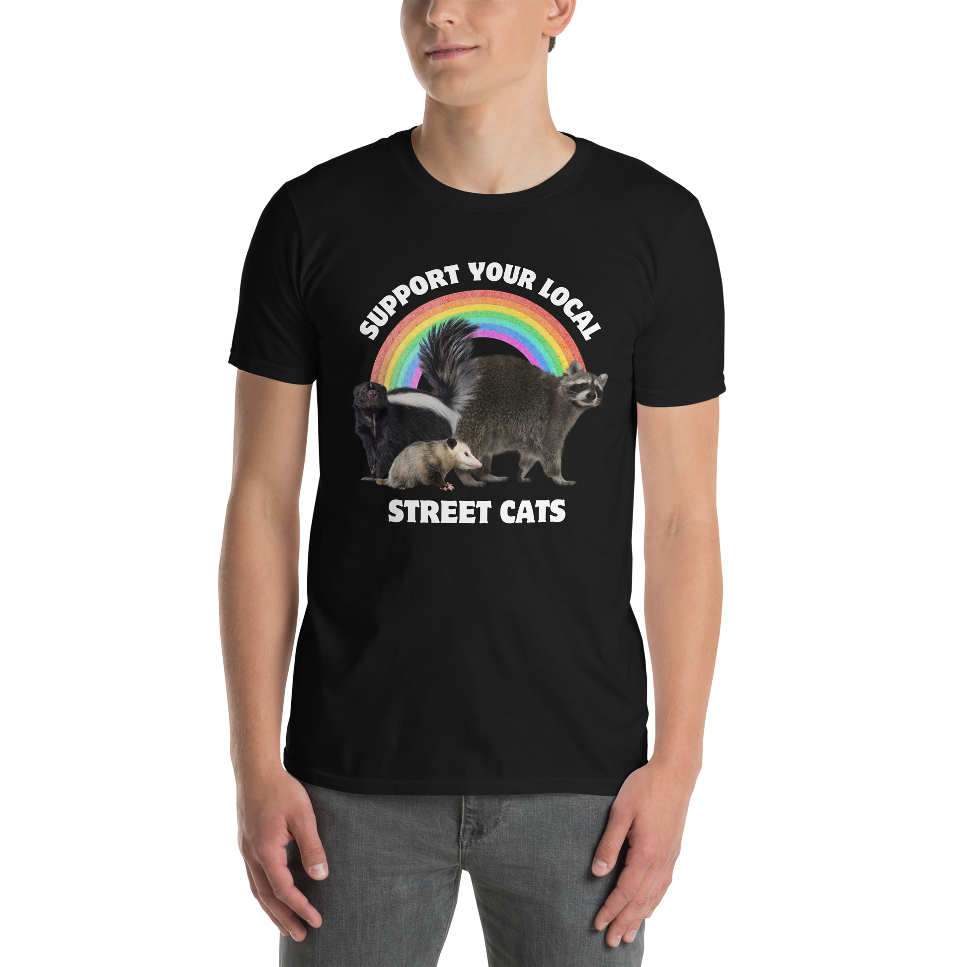 Man wearing a Black Support Your Local Street Cats T-Shirt - Boozy Fox