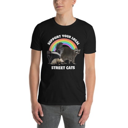 Man wearing a Black Support Your Local Street Cats T-Shirt - Boozy Fox