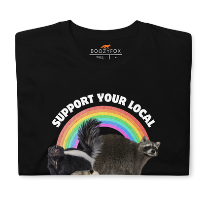 Front details of a Black Support Your Local Street Cats T-Shirt - Boozy Fox