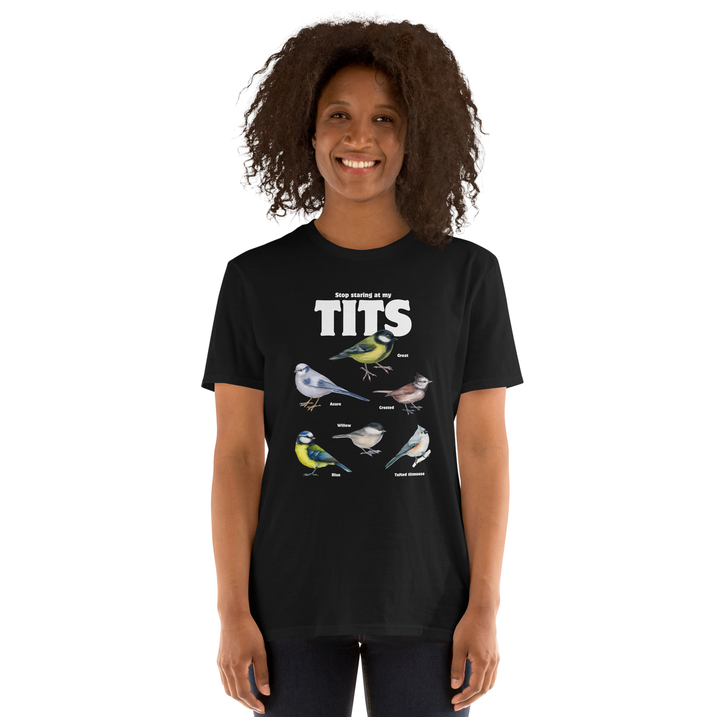 Smiling woman wearing a Black Tit T-Shirt featuring a funny Stop Staring At My Tits graphic on the chest - Funny Graphic Tit Bird T-Shirts - Boozy Fox