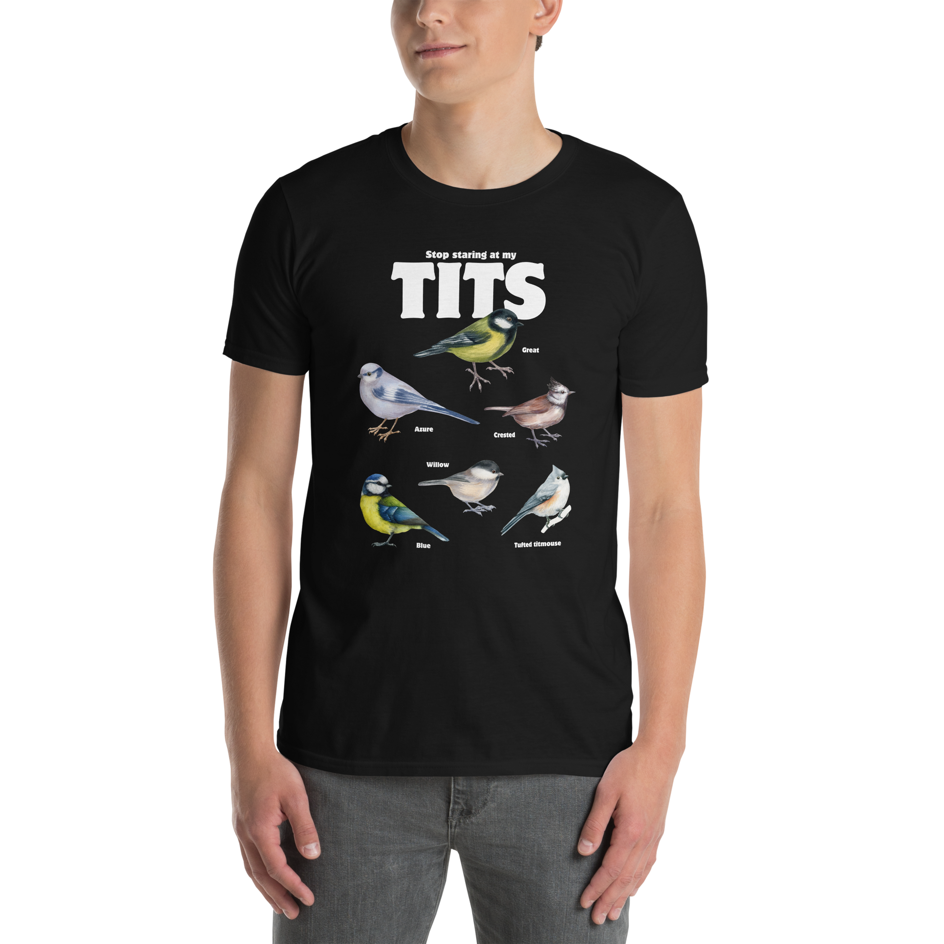 Man wearing a Black Tit T-Shirt featuring a funny Stop Staring At My Tits graphic on the chest - Funny Graphic Tit Bird T-Shirts - Boozy Fox