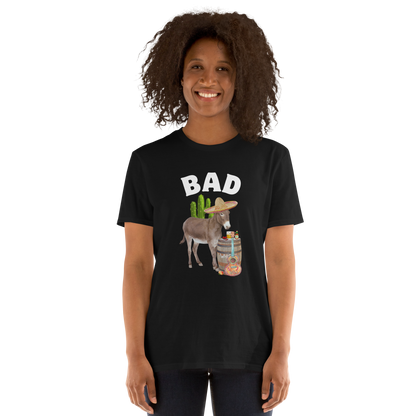 Smiling woman wearing a Black Donkey T-Shirt Featuring a Funny Bad Ass Donkey graphic on the chest - Funny Graphic Bad Ass Donkey T-Shirts - Boozy Fox