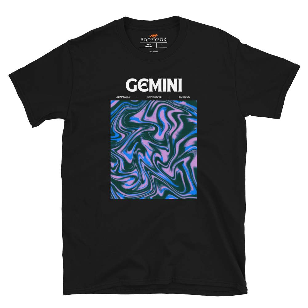 Black Gemini T-Shirt featuring an Abstract Gemini Star Sign graphic on the chest - Cool Graphic Zodiac T-Shirts - Boozy Fox