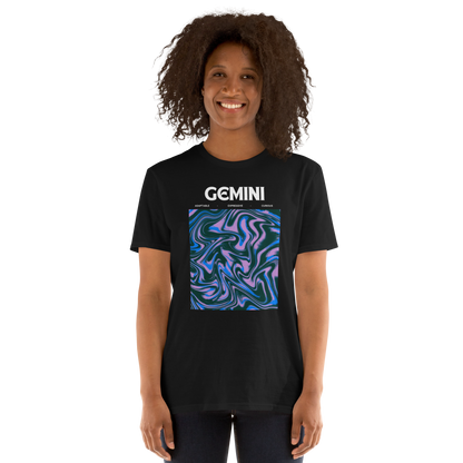 Smiling woman wearing a Black Gemini T-Shirt featuring an Abstract Gemini Star Sign graphic on the chest - Cool Graphic Zodiac T-Shirts - Boozy Fox