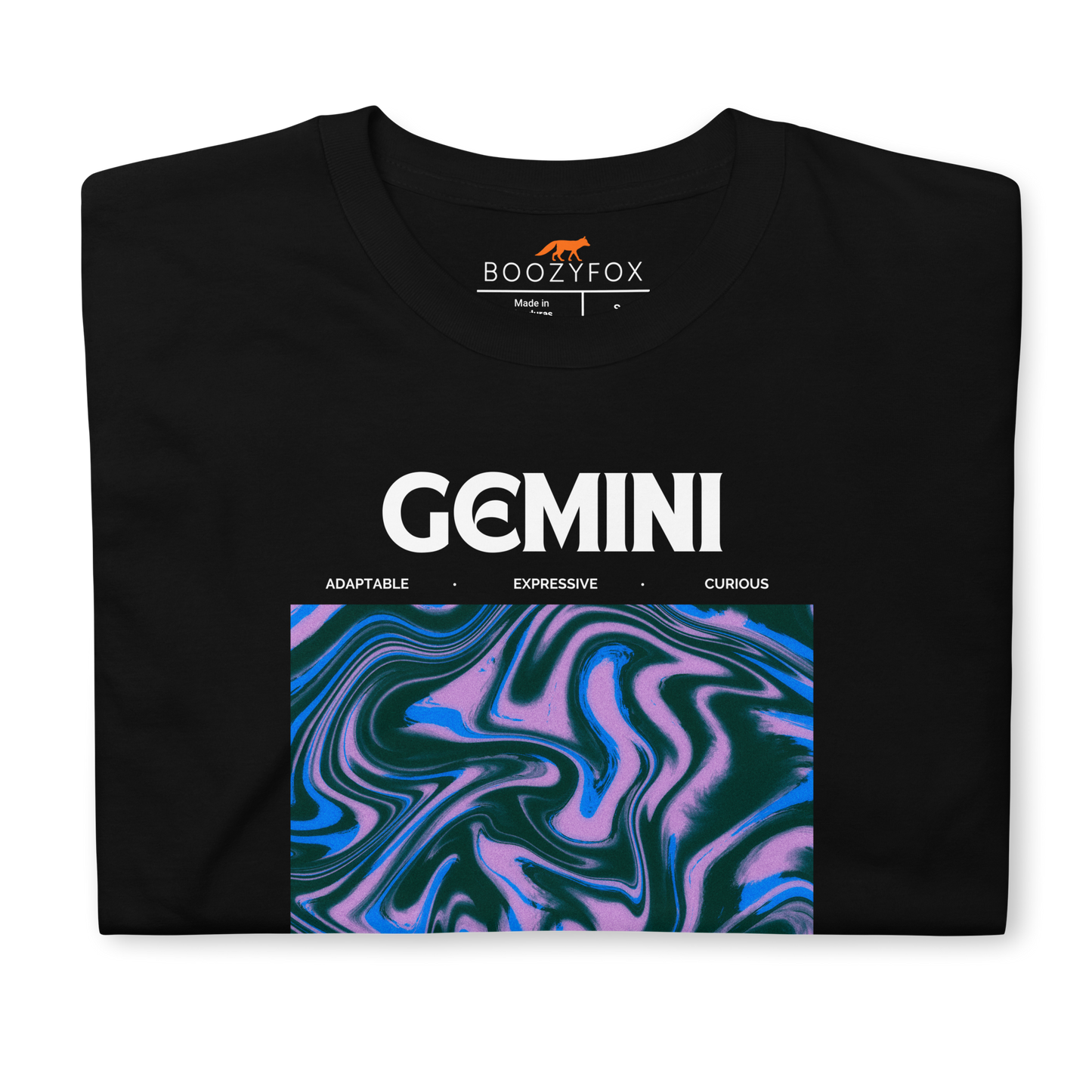 Front details of a Black Gemini T-Shirt featuring an Abstract Gemini Star Sign graphic on the chest - Cool Graphic Zodiac T-Shirts - Boozy Fox
