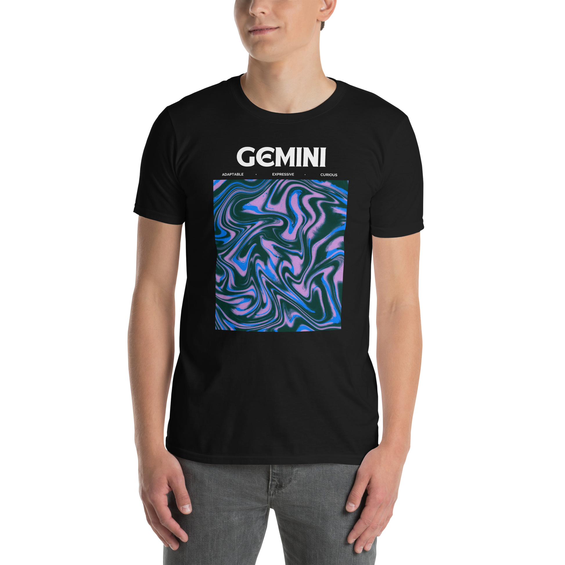 Man wearing a Black Gemini T-Shirt featuring an Abstract Gemini Star Sign graphic on the chest - Cool Graphic Zodiac T-Shirts - Boozy Fox