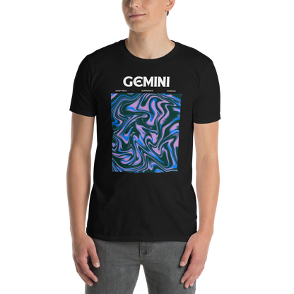 Man wearing a Black Gemini T-Shirt featuring an Abstract Gemini Star Sign graphic on the chest - Cool Graphic Zodiac T-Shirts - Boozy Fox