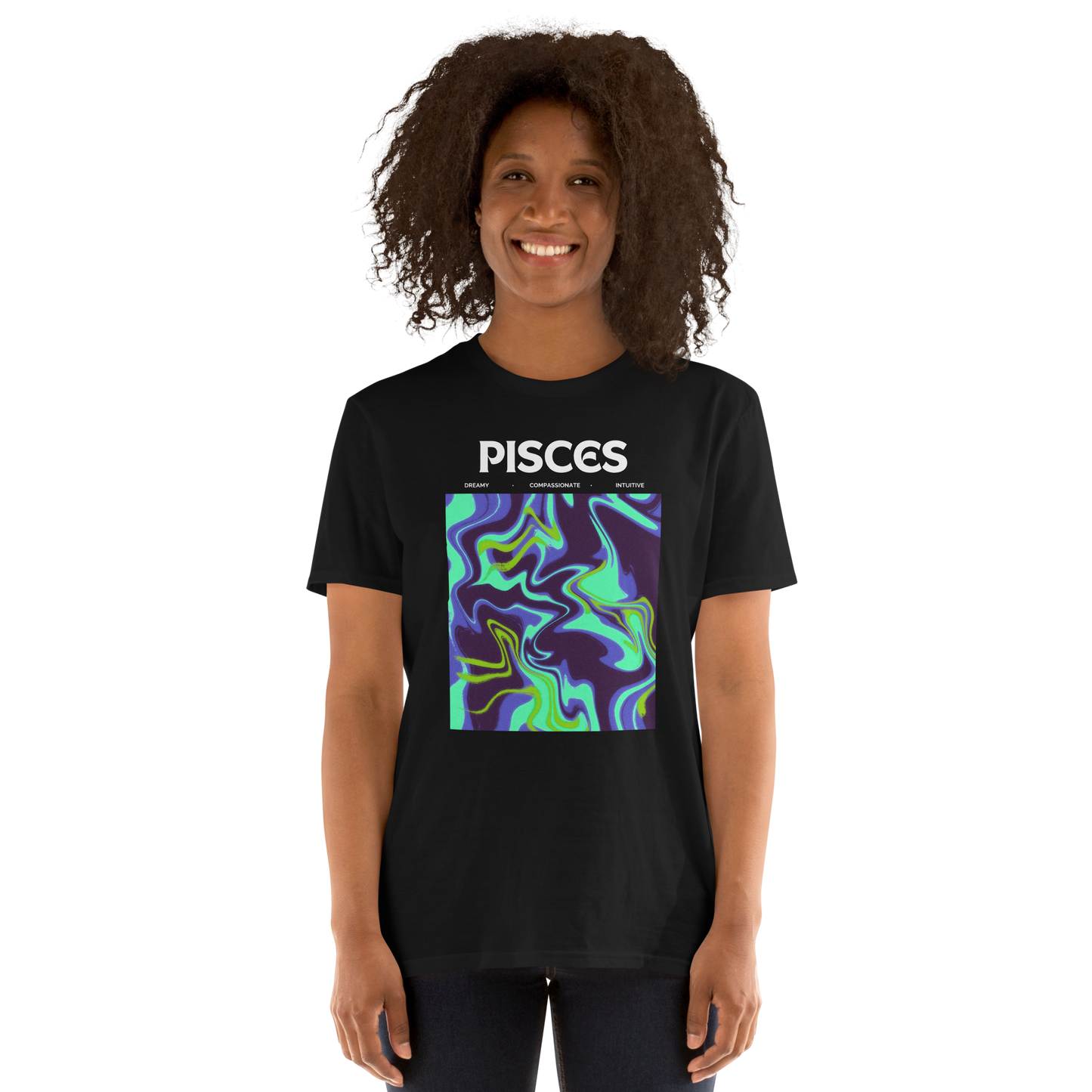 Smiling woman wearing a Black Pisces T-Shirt featuring an Abstract Pisces Star Sign graphic on the chest - Cool Graphic Zodiac T-Shirts - Boozy Fox