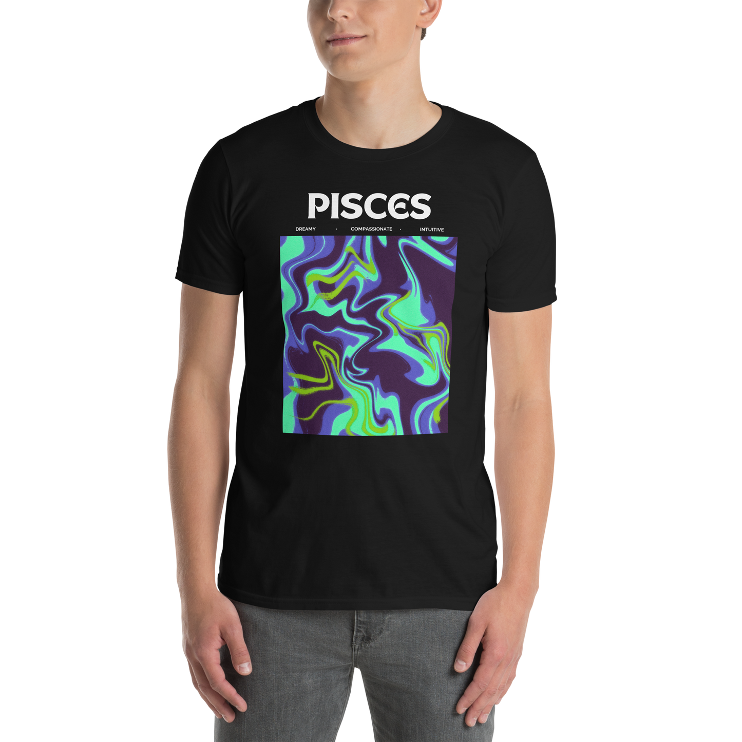 Man wearing a Black Pisces T-Shirt featuring an Abstract Pisces Star Sign graphic on the chest - Cool Graphic Zodiac T-Shirts - Boozy Fox