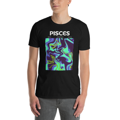 Man wearing a Black Pisces T-Shirt featuring an Abstract Pisces Star Sign graphic on the chest - Cool Graphic Zodiac T-Shirts - Boozy Fox