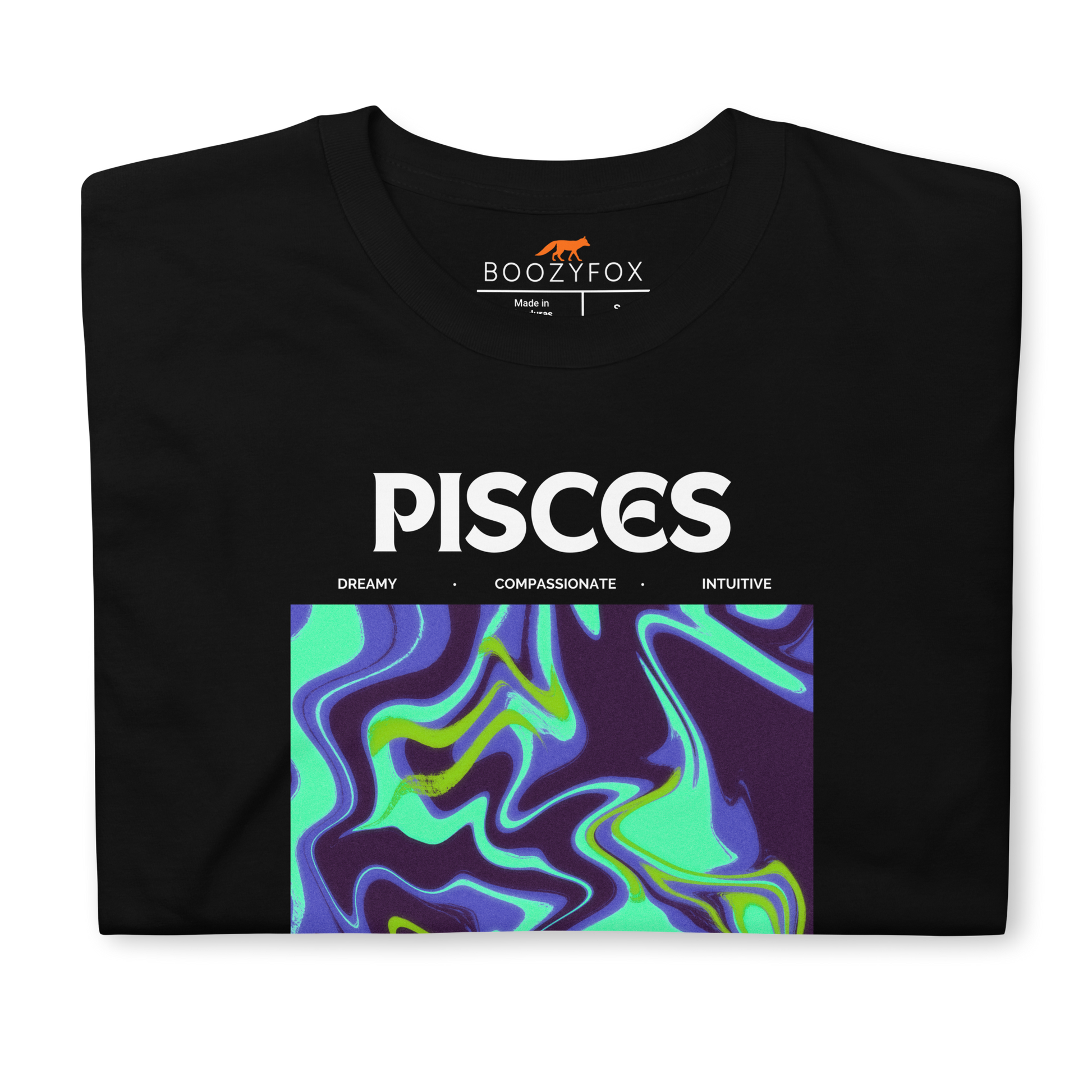 Front details of a Black Pisces T-Shirt featuring an Abstract Pisces Star Sign graphic on the chest - Cool Graphic Zodiac T-Shirts - Boozy Fox