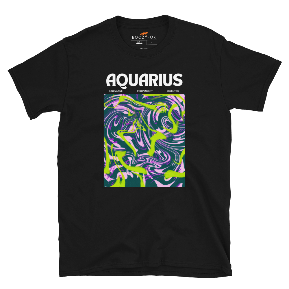 Black Aquarius T-Shirt featuring an Abstract Aquarius Star Sign graphic on the chest - Cool Graphic Zodiac T-Shirts - Boozy Fox