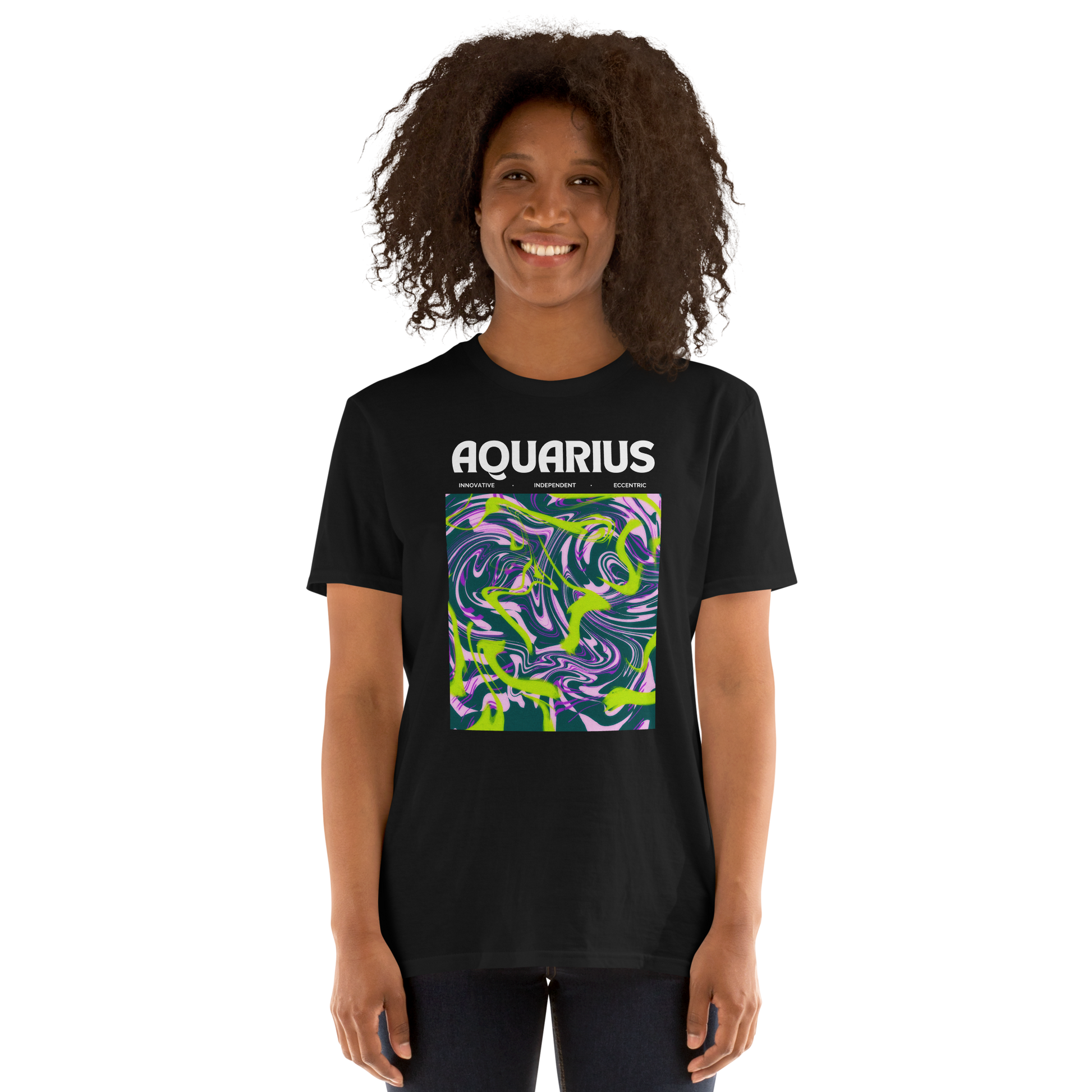 Smiling woman wearing a Black Aquarius T-Shirt featuring an Abstract Aquarius Star Sign graphic on the chest - Cool Graphic Zodiac T-Shirts - Boozy Fox