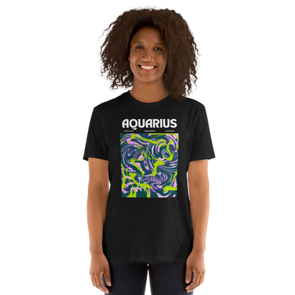 Smiling woman wearing a Black Aquarius T-Shirt featuring an Abstract Aquarius Star Sign graphic on the chest - Cool Graphic Zodiac T-Shirts - Boozy Fox