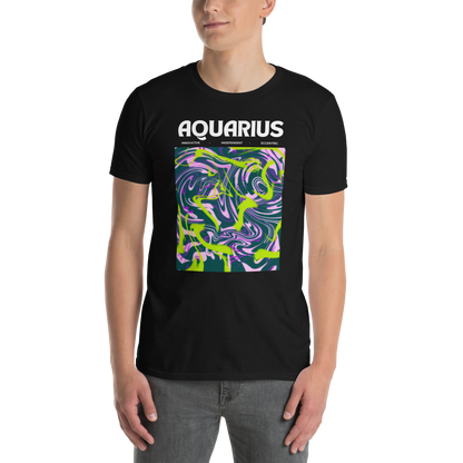 Man wearing a Black Aquarius T-Shirt featuring an Abstract Aquarius Star Sign graphic on the chest - Cool Graphic Zodiac T-Shirts - Boozy Fox