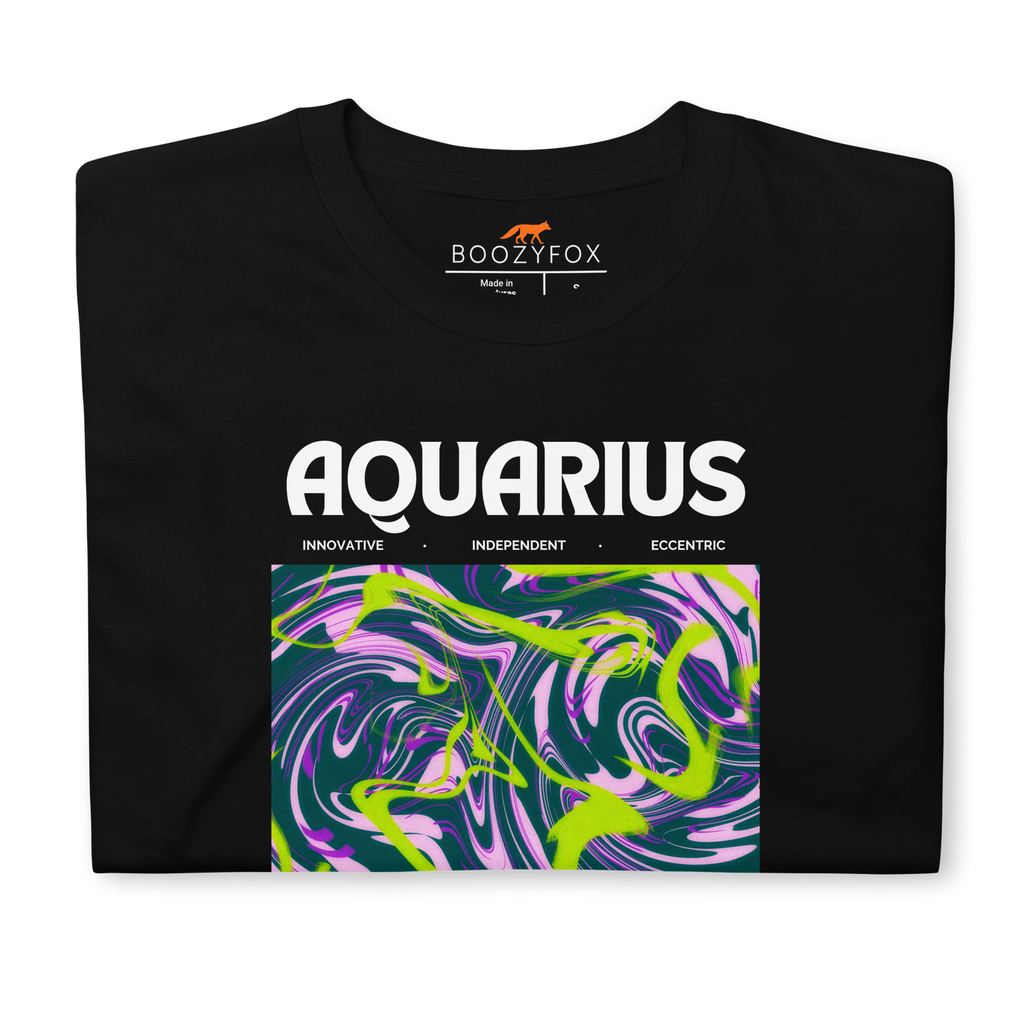 Front details of a Black Aquarius T-Shirt featuring an Abstract Aquarius Star Sign graphic on the chest - Cool Graphic Zodiac T-Shirts - Boozy Fox