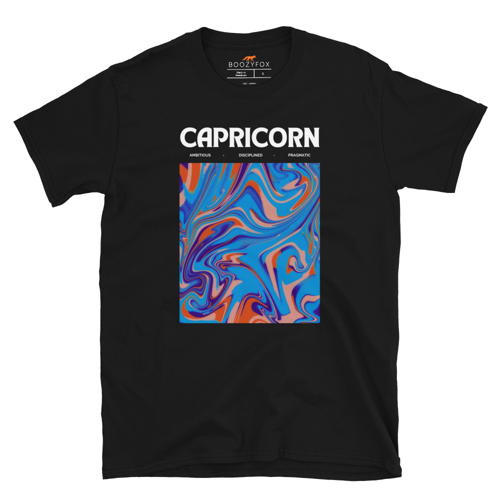 Black Capricorn T-Shirt featuring an Abstract Capricorn Star Sign graphic on the chest - Cool Graphic Zodiac T-Shirts - Boozy Fox