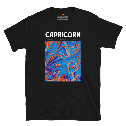 Black Capricorn T-Shirt featuring an Abstract Capricorn Star Sign graphic on the chest - Cool Graphic Zodiac T-Shirts - Boozy Fox