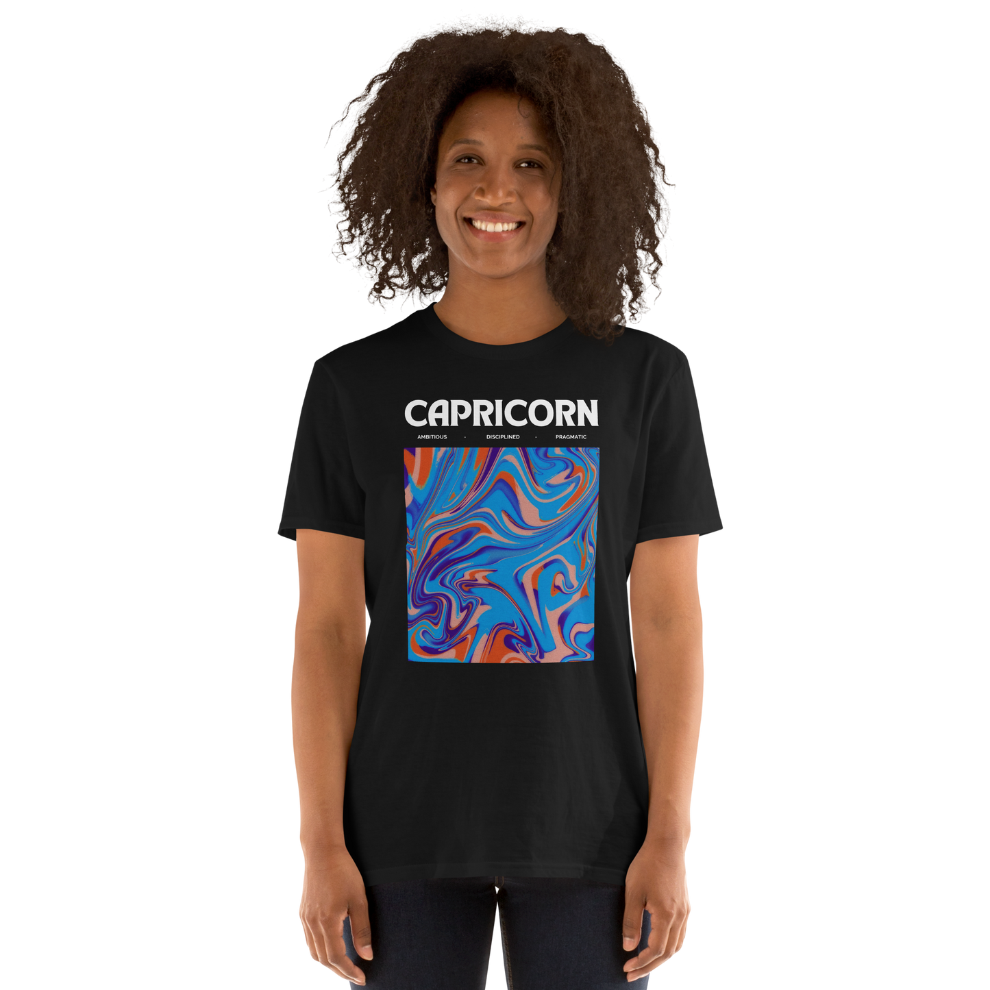 Smiling woman wearing a Black Capricorn T-Shirt featuring an Abstract Capricorn Star Sign graphic on the chest - Cool Graphic Zodiac T-Shirts - Boozy Fox