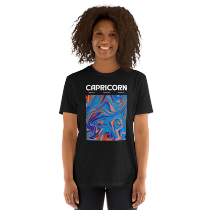 Smiling woman wearing a Black Capricorn T-Shirt featuring an Abstract Capricorn Star Sign graphic on the chest - Cool Graphic Zodiac T-Shirts - Boozy Fox
