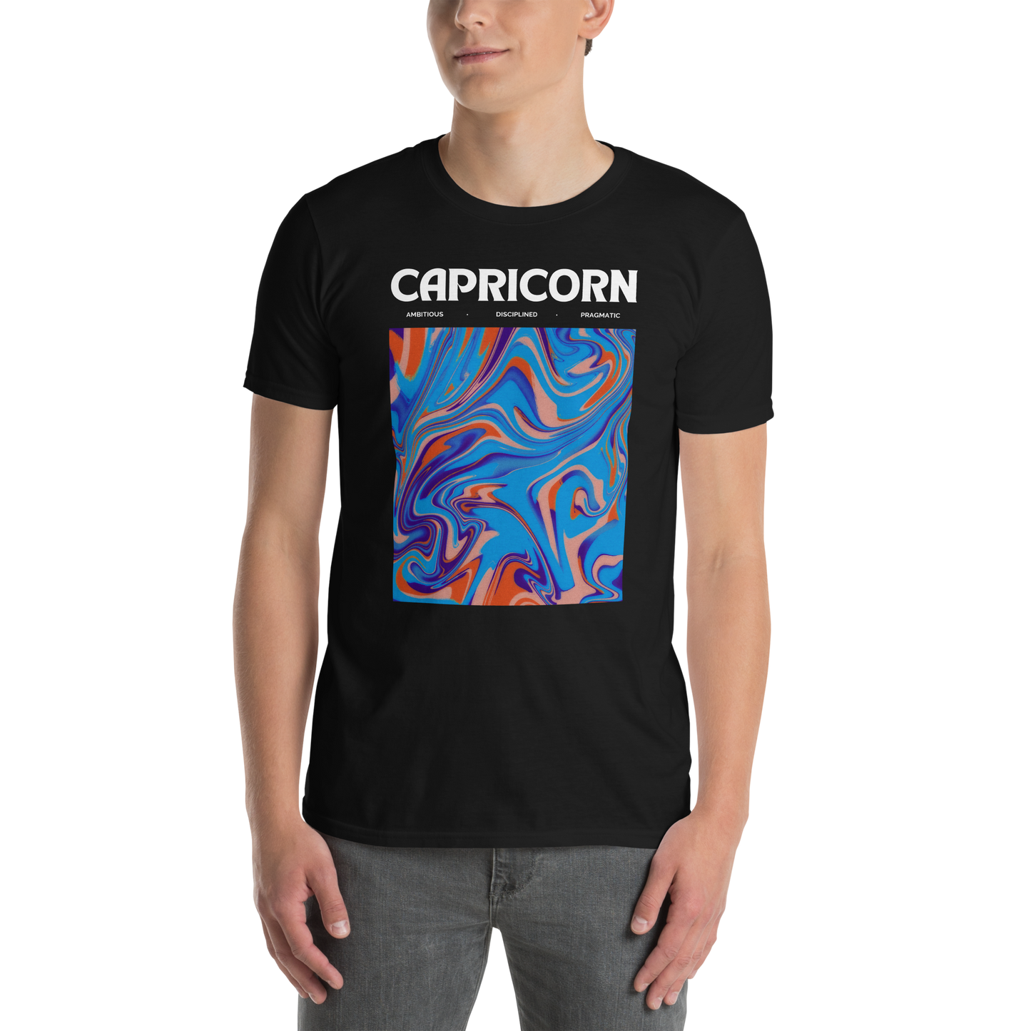 Man wearing a Black Capricorn T-Shirt featuring an Abstract Capricorn Star Sign graphic on the chest - Cool Graphic Zodiac T-Shirts - Boozy Fox
