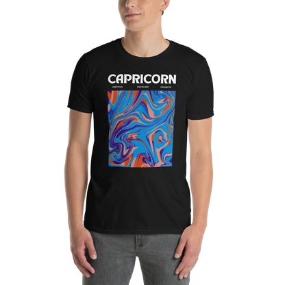 Man wearing a Black Capricorn T-Shirt featuring an Abstract Capricorn Star Sign graphic on the chest - Cool Graphic Zodiac T-Shirts - Boozy Fox