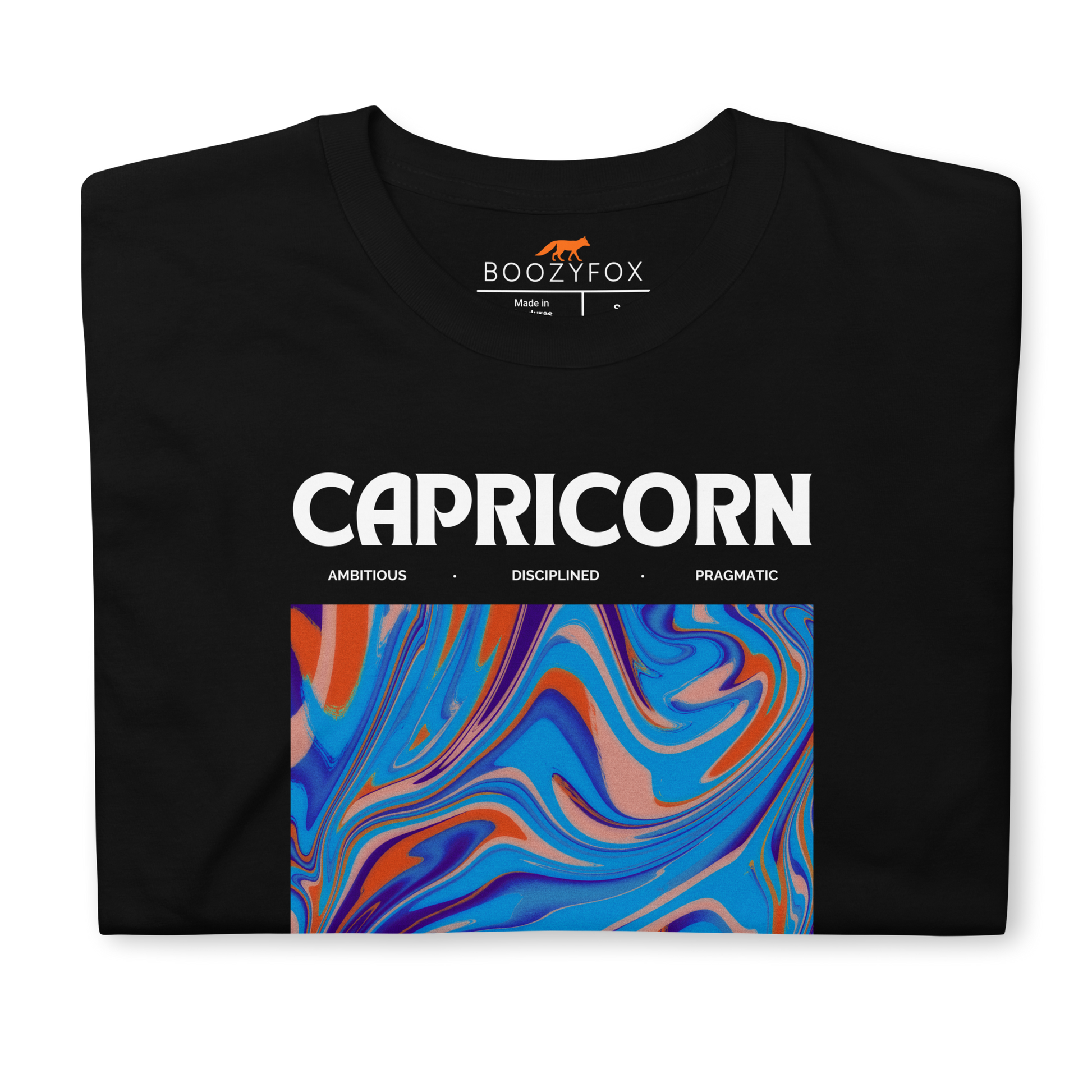 Front details of a Black Capricorn T-Shirt featuring an Abstract Capricorn Star Sign graphic on the chest - Cool Graphic Zodiac T-Shirts - Boozy Fox
