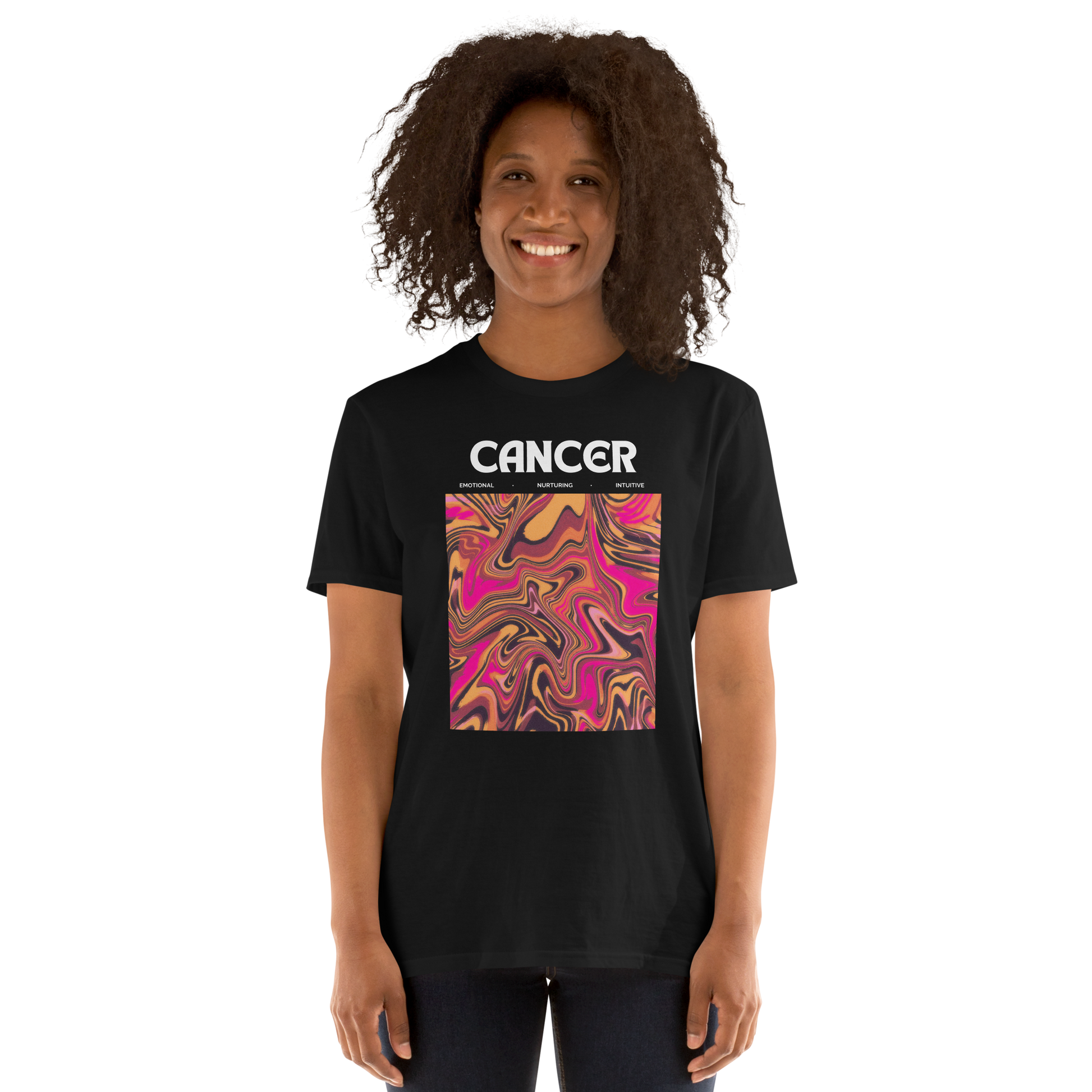 Smiling woman wearing a Black Cancer T-Shirt featuring an Abstract Cancer Star Sign graphic on the chest - Cool Graphic Zodiac T-Shirts - Boozy Fox