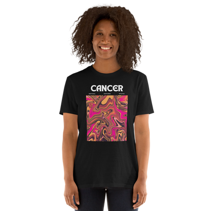 Smiling woman wearing a Black Cancer T-Shirt featuring an Abstract Cancer Star Sign graphic on the chest - Cool Graphic Zodiac T-Shirts - Boozy Fox