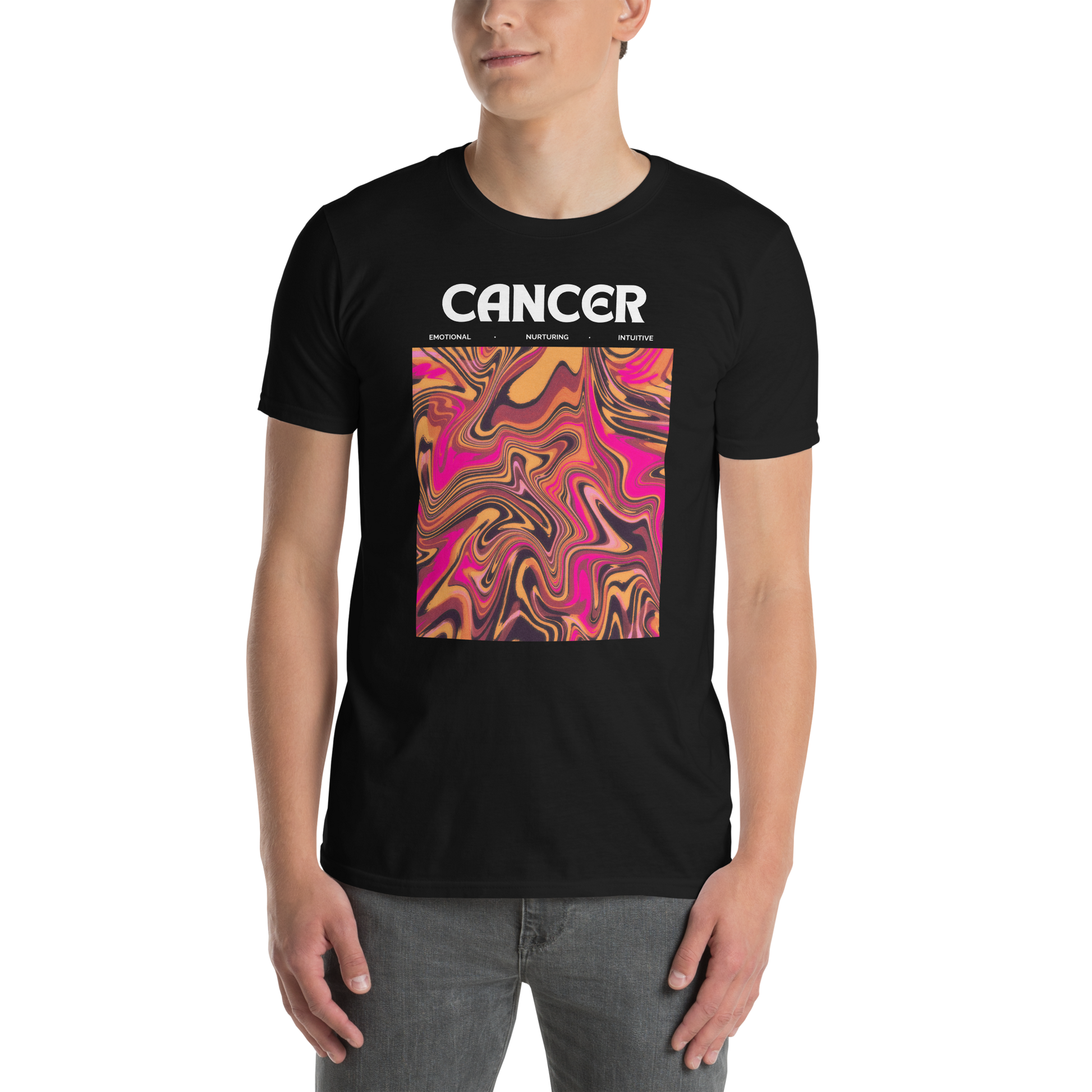 Man wearing a Black Cancer T-Shirt featuring an Abstract Cancer Star Sign graphic on the chest - Cool Graphic Zodiac T-Shirts - Boozy Fox