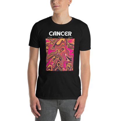 Man wearing a Black Cancer T-Shirt featuring an Abstract Cancer Star Sign graphic on the chest - Cool Graphic Zodiac T-Shirts - Boozy Fox