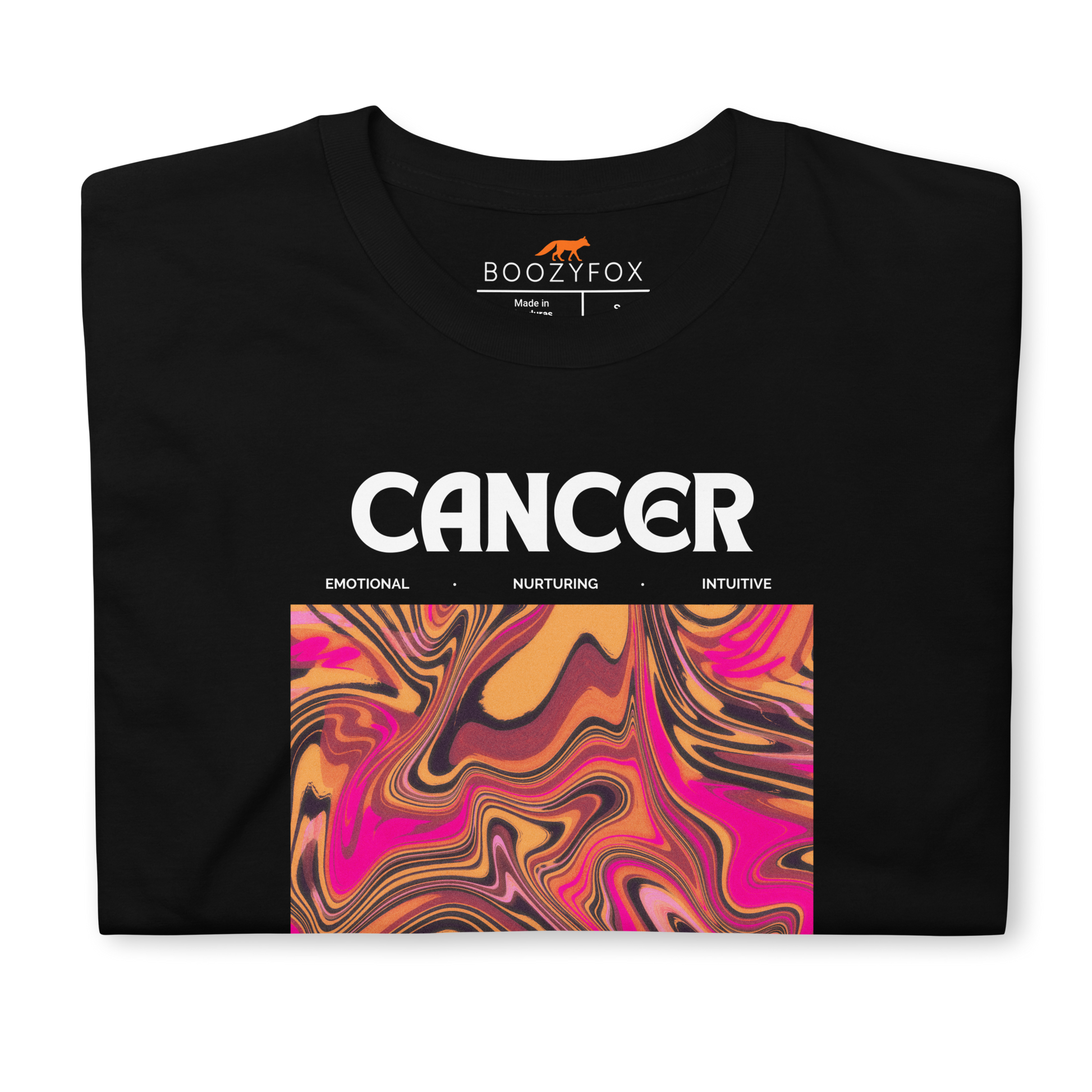 Front details of a Black Cancer T-Shirt featuring an Abstract Cancer Star Sign graphic on the chest - Cool Graphic Zodiac T-Shirts - Boozy Fox