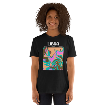 Smiling woman wearing a Black Libra T-Shirt featuring an Abstract Libra Star Sign graphic on the chest - Cool Graphic Zodiac T-Shirts - Boozy Fox