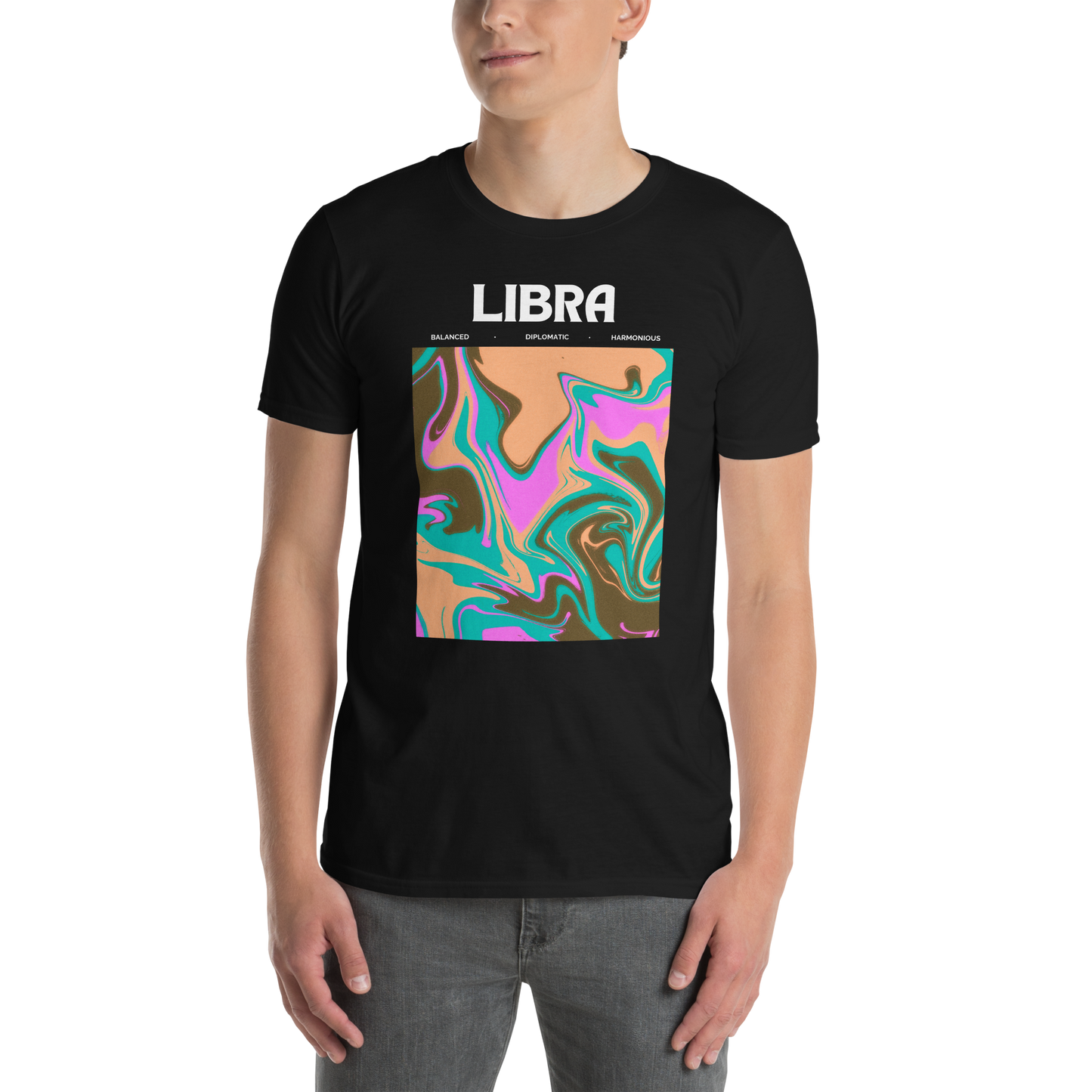 Man wearing a Black Libra T-Shirt featuring an Abstract Libra Star Sign graphic on the chest - Cool Graphic Zodiac T-Shirts - Boozy Fox